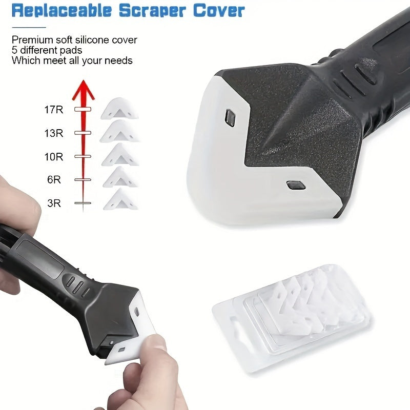 3 Sets, 5-in-1 Multi-Functional Silicone Cleaning Scraper Tool - Grout, Glue, Caulk, Glass, and Sticker Remover for Living Room, Cars, Windows, Cooktops - 5 Replaceable Heads Included