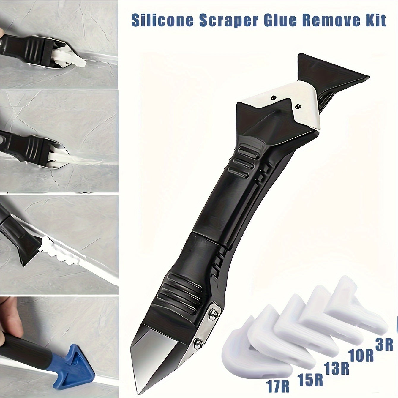 3 Sets, 5-in-1 Multi-Functional Silicone Cleaning Scraper Tool - Grout, Glue, Caulk, Glass, and Sticker Remover for Living Room, Cars, Windows, Cooktops - 5 Replaceable Heads Included