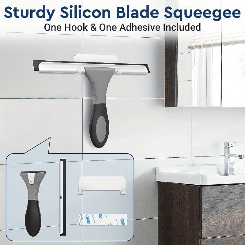 AllPurpose Silicone Shower Squeegee for Glass Window Door Mirror Car Windshield Tile Wall Portable Cleaner Tools Includes One Hook One Adhesive 10 Inches Gray