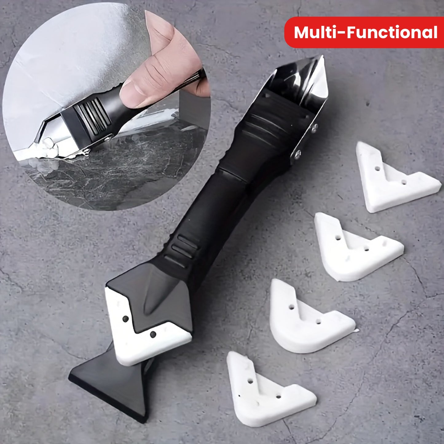 3 Sets, 5-in-1 Multi-Functional Silicone Cleaning Scraper Tool - Grout, Glue, Caulk, Glass, and Sticker Remover for Living Room, Cars, Windows, Cooktops - 5 Replaceable Heads Included