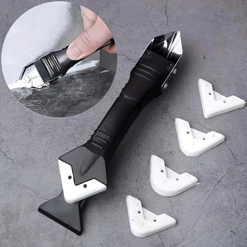 3 Sets, 5-in-1 Multi-Functional Silicone Cleaning Scraper Tool - Grout, Glue, Caulk, Glass, and Sticker Remover for Living Room, Cars, Windows, Cooktops - 5 Replaceable Heads Included