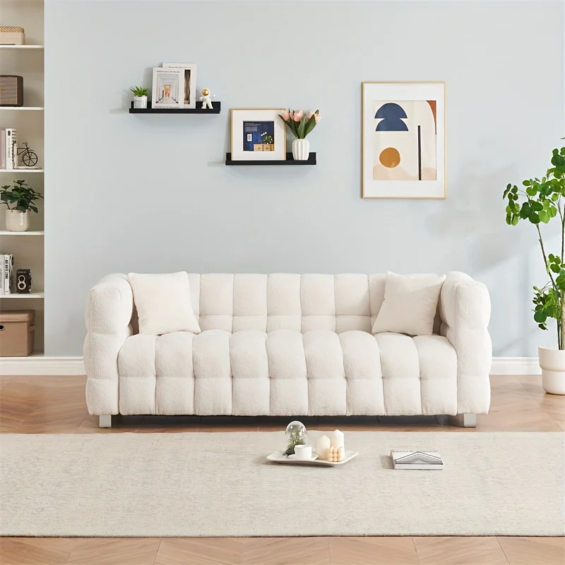 Modern White Plush Teddy Sofa - 80 Inches, Minimalist Design with Two Throw Pillows & Heavy-Duty Hardware Support, Perfect for Living Room or Bedroom, Available in 5 Colors, Comfy Couch